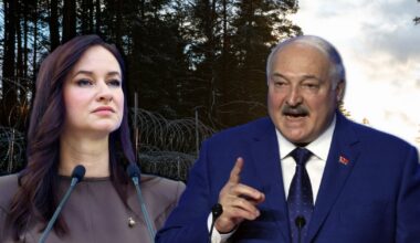 Premier Litwy Inga Ruginiene i prezydent Białorusi Aleksander Łukaszenko, w tle przejście graniczne między ich krajami