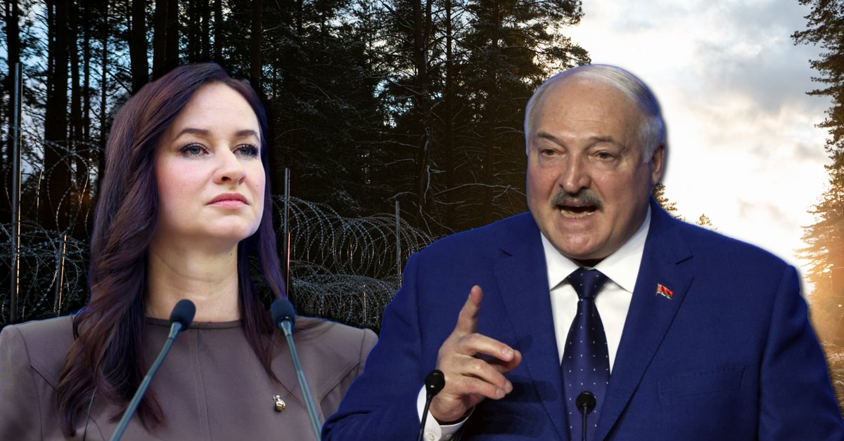 Premier Litwy Inga Ruginiene i prezydent Białorusi Aleksander Łukaszenko, w tle przejście graniczne między ich krajami