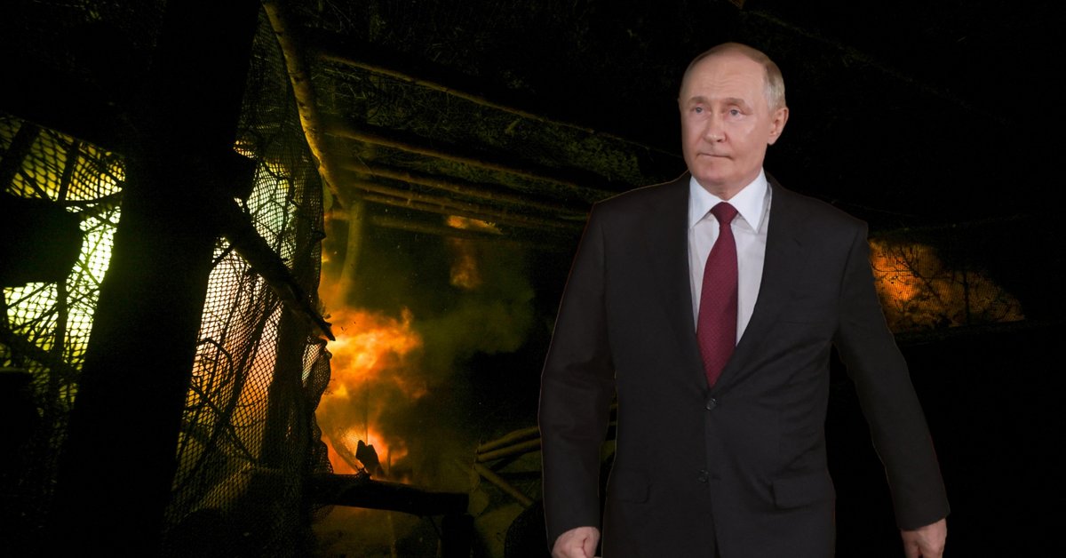 Prezydent Rosji Władimir Putin, w tle: działania wojenne w Ukrainie