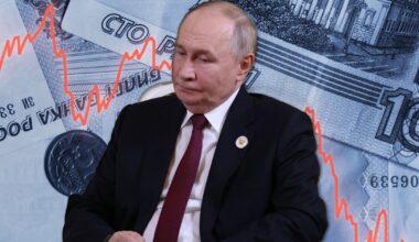 Prezydent Rosji Władimir Putin, w tle: rosyjskie ruble