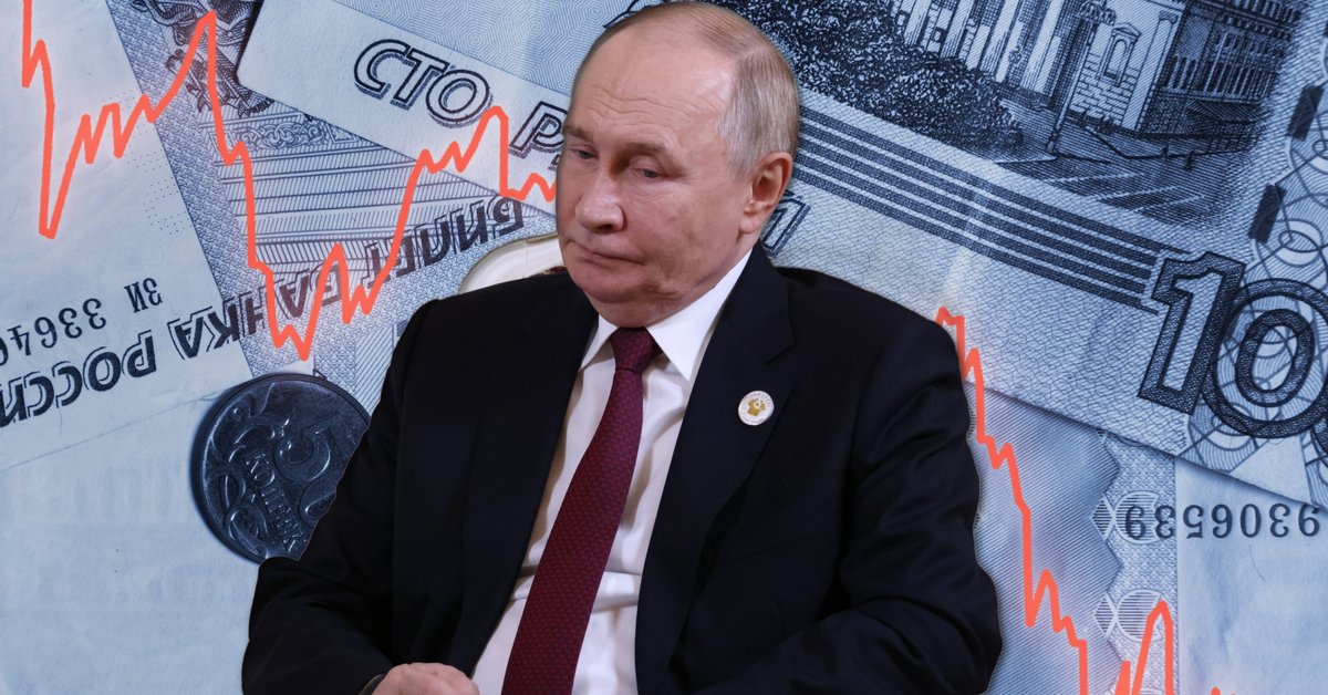 Prezydent Rosji Władimir Putin, w tle: rosyjskie ruble