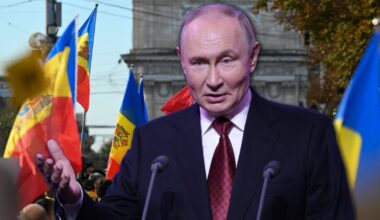 Prezydent Rosji Władimir Putin w Moskwie, 13 września 2025 r. W tle zwolennicy rządzącej partii Akcji i Solidarności (PAS) podczas proeuropejskiego wiecu w Kiszyniowie, Mołdawia, 26 września 2025 r.