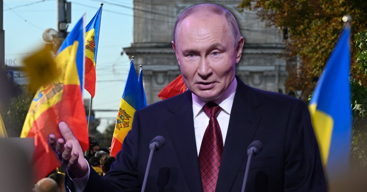 Prezydent Rosji Władimir Putin w Moskwie, 13 września 2025 r. W tle zwolennicy rządzącej partii Akcji i Solidarności (PAS) podczas proeuropejskiego wiecu w Kiszyniowie, Mołdawia, 26 września 2025 r.