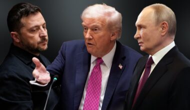 Od lewej Wołodymyr Zełenski, Donald Trump i Władimir Putin.
