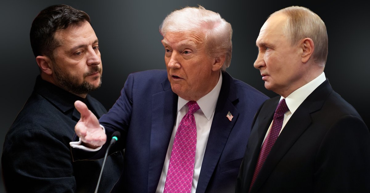 Od lewej Wołodymyr Zełenski, Donald Trump i Władimir Putin.