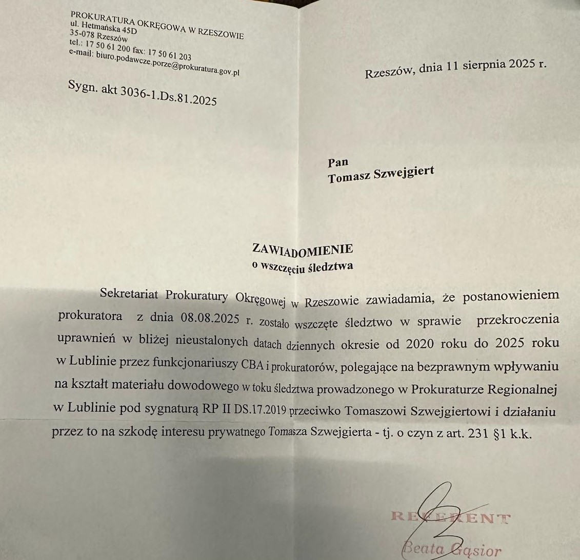 Pismo informujące o wszczęciu przez prokuraturę śledztwa z doniesienia Tomasza Szwejgierta