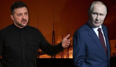 Wołodymyr Zełenski i Władimir Putin. W tle pożar elektrowni cieplnej w Kijowie po rosyjskim ataku, 10 października 2025 r.