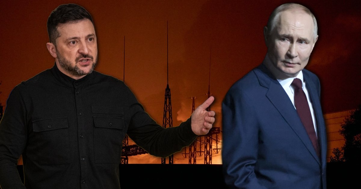 Wołodymyr Zełenski i Władimir Putin. W tle pożar elektrowni cieplnej w Kijowie po rosyjskim ataku, 10 października 2025 r.