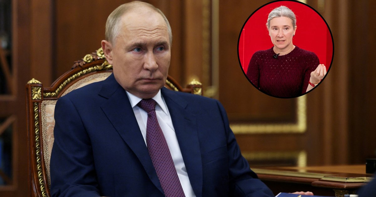 W ramce politolożka Jekaterina Szulman, w tle Władimir Putin
