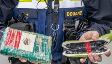 Strażnik celny demonstrujący metody przemytu narkotyków podczas konferencji prasowej, Doel, Belgia, 7 lipca 2025 r.