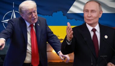 Po lewej prezydent Donald Trump w Jerozolimie, 13 października 2025 r. Po prawej przywódca Rosji Władimir Putin w Duszanbe w Tadżykistanie, 10 października 2025 r. W tle grafika z konturami i flagami Ukrainy oraz Rosji i flagą NATO
