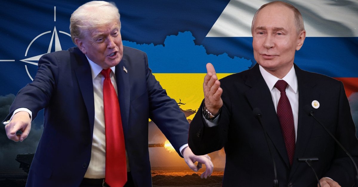 Po lewej prezydent Donald Trump w Jerozolimie, 13 października 2025 r. Po prawej przywódca Rosji Władimir Putin w Duszanbe w Tadżykistanie, 10 października 2025 r. W tle grafika z konturami i flagami Ukrainy oraz Rosji i flagą NATO