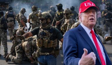 Donald Trump, Waszyngton, 5 października 2025 r. W tle starcia funkcjonariuszy z protestującymi, Broadview w stanie Illinois, 4 października 2025 r.