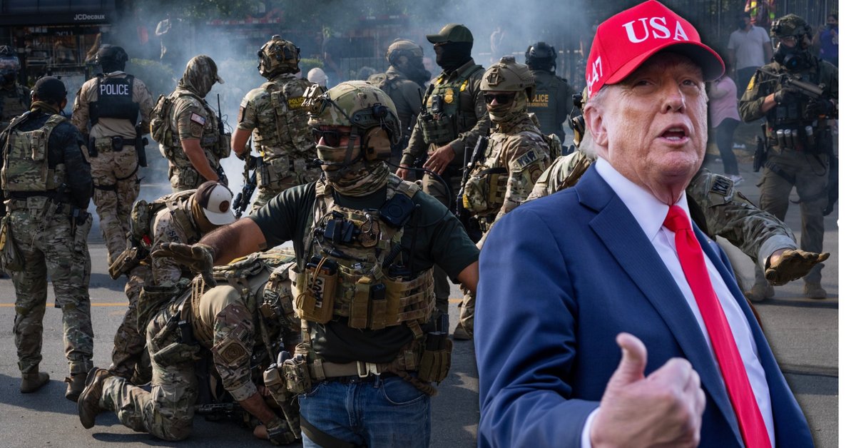 Donald Trump, Waszyngton, 5 października 2025 r. W tle starcia funkcjonariuszy z protestującymi, Broadview w stanie Illinois, 4 października 2025 r.
