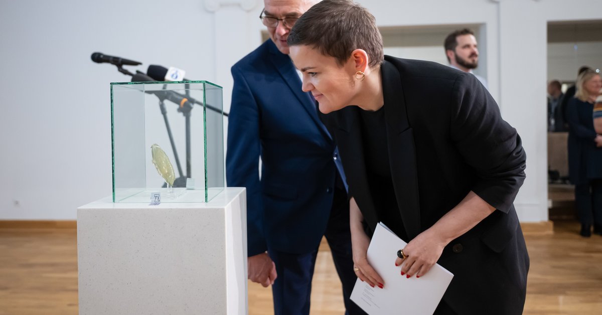 Minister kultury i dziedzictwa narodowego Marta Cienkowska (P) oraz dyrektor Muzeum Narodowego w Poznaniu Tomasz Łęcki (L) podczas przekazania do kolekcji Muzeum Narodowego w Poznaniu kolejnego eksponatu z katalogu strat wojennych. Jest to fragment naczynia szklanego z IV wieku, pochodzący z kolekcji gołuchowskiej. Obiekt został odnaleziony w Stanach Zjednoczonych.