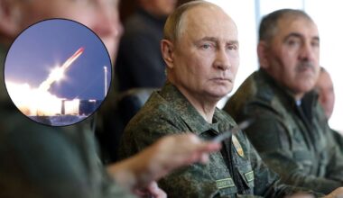 Prezydent Rosji Władimir Putin (w kółku: test pocisku Buriewiestnik w 2018 r./Wikimedia Commons/Ministry of Defence of the Russian Federation)