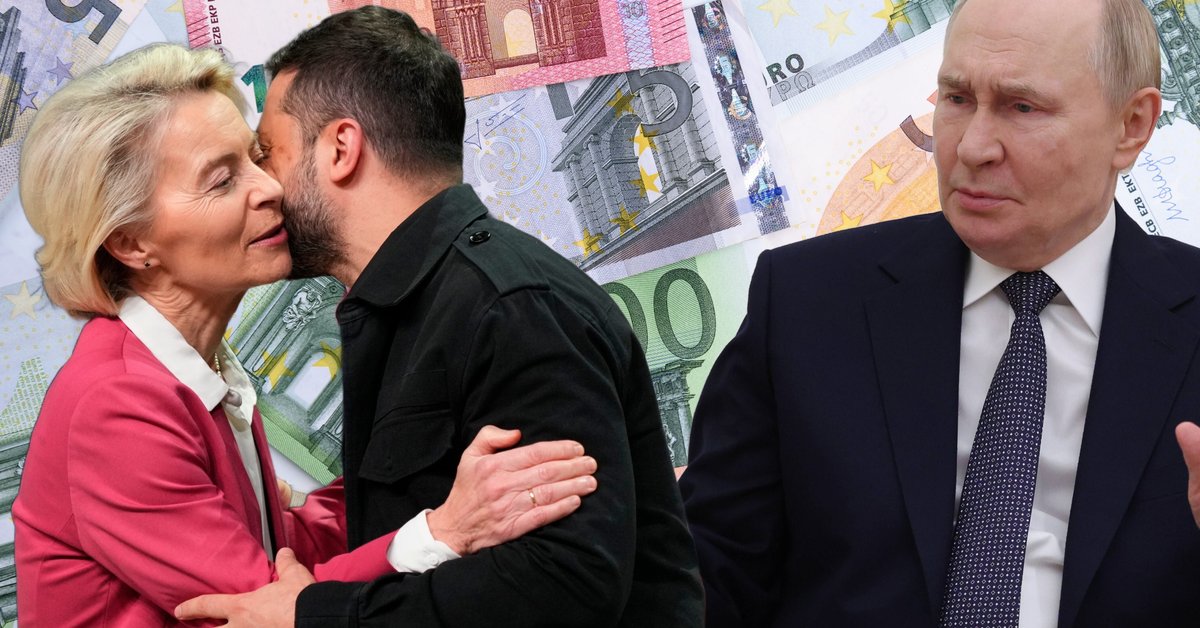 Po lewej Ursula von der Leyen i Wołodymyr Zełenski, po prawej Władimir Putin. W tle banknoty euro