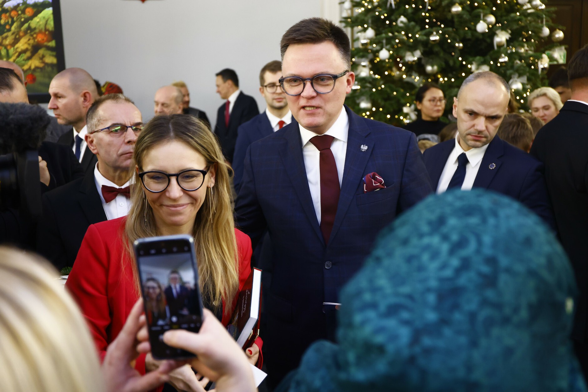 Agnieszka Buczyńska i Szymon Hołownia podczas spotkania świątecznego w Sejmie