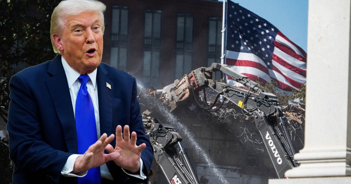 Po lewej prezydent USA Donald Trump w Gabinecie Owalnym Białego Domu w Waszyngtonie, 22 października 2025 r. W tle ciężki sprzęt burzy część wschodniego skrzydła Białego Domu w ramach przygotowań do budowy nowej sali balowej, 21 października 2025 r.