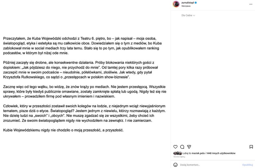 Żurnalista reaguje na aferę z Kubą Wojewódzkim