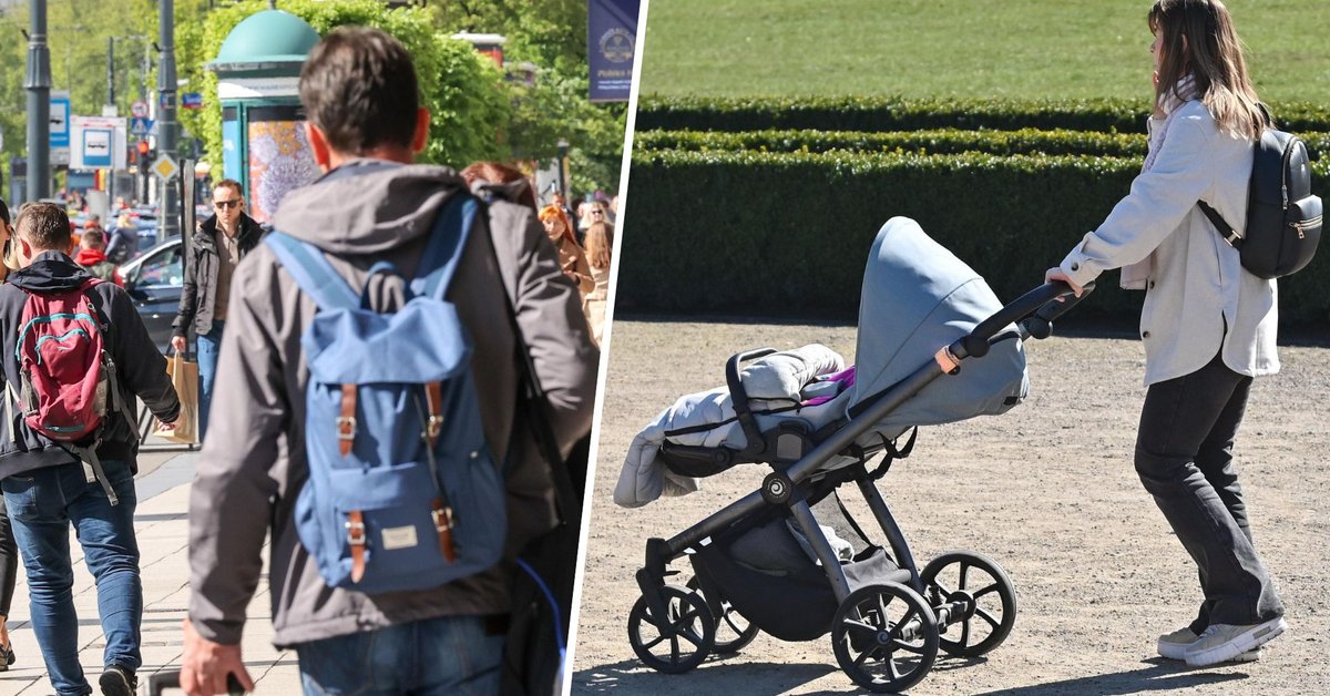 Po lewej przechodnie na ulicy Marszałkowskiej w Warszawie, 8 marca 2023 r., po prawej matka prowadząca wózek z dzieckiem, 20 marca 2025 r.