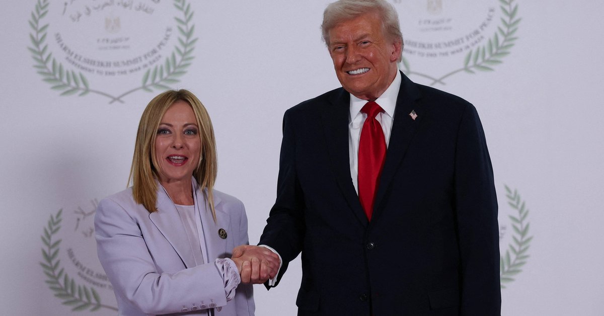 Prezydent Stanów Zjednoczonych Donald Trump i premier Włoch Giorgia Meloni podczas szczytu pokojowego w Szarm el-Szejk. Egipt, 13 października 2025 r.