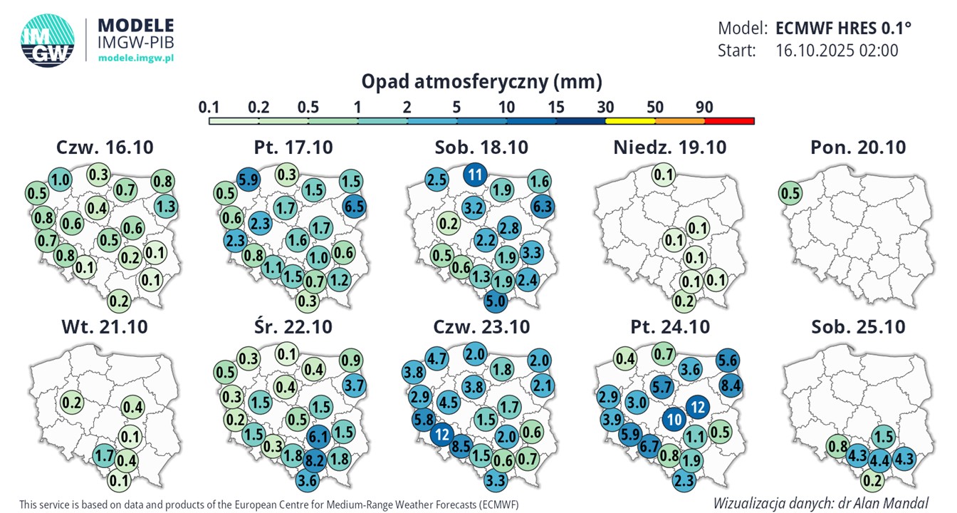 Prognozowana suma opadów w Polsce w kolejnych dniach