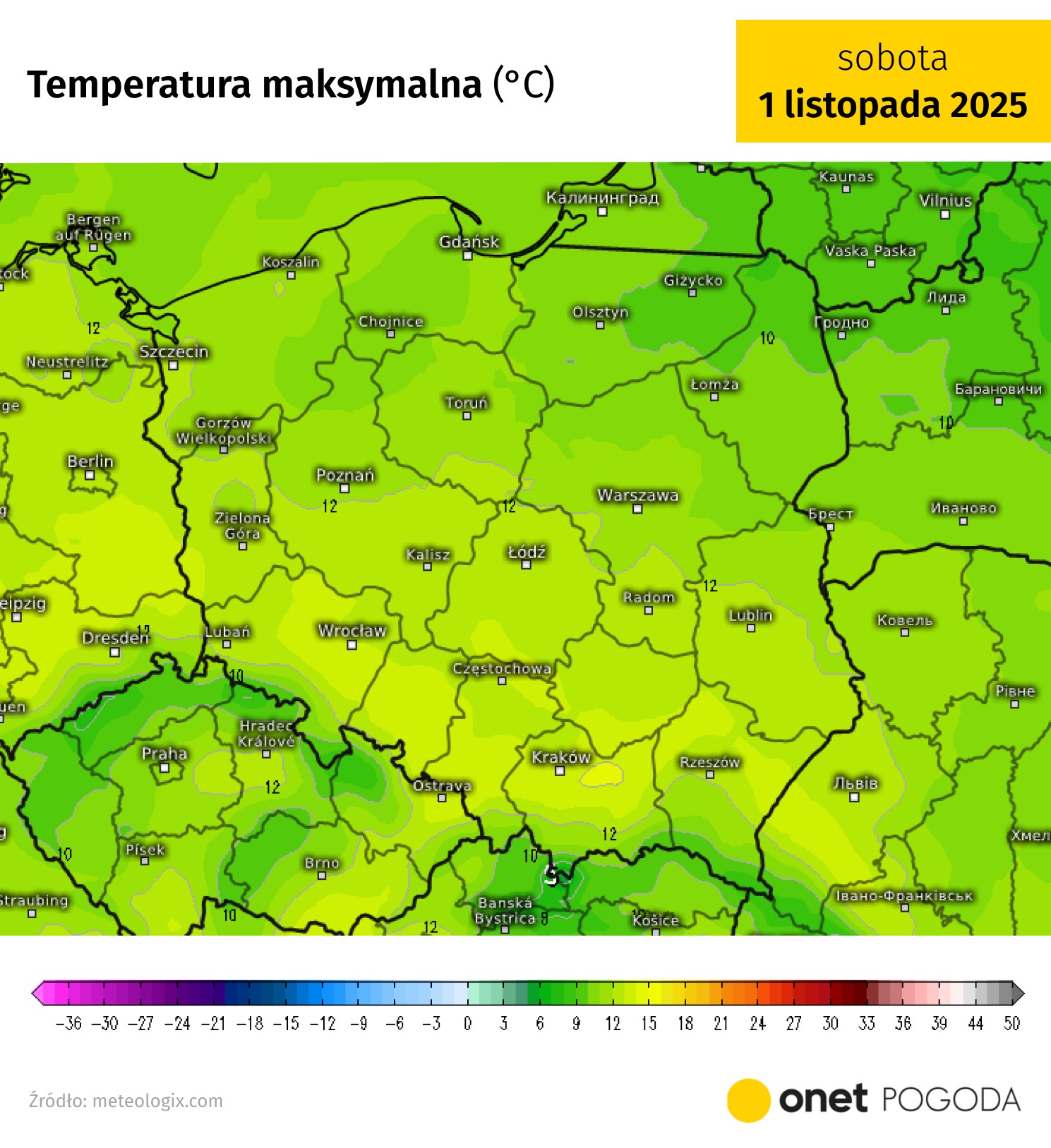 Według uśrednionych prognoz 1 listopada temperatura wyniesie od 9 do 15 st. C