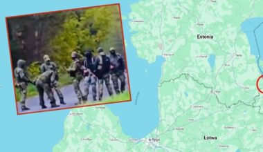 Na mapie zaznaczone okolice miejsca, w którym doszło do incydentu z udziałem rosyjskiej jednostki wojskowej. Na mniejszym zdjęciu zrzut ekranu z kamery, która zarejestrowała "zielone ludziki"
