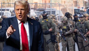 Prezydent USA Donald Trump, 30 września 2025 r. W tle agenci amerykańskiej służby imigracyjnej i celnej (ICE) oraz pracownicy Departamentu Bezpieczeństwa Krajowego podczas napiętej demonstracji przed ośrodkiem ICE w Broadview w stanie Illinois, 27 września 2025 r.