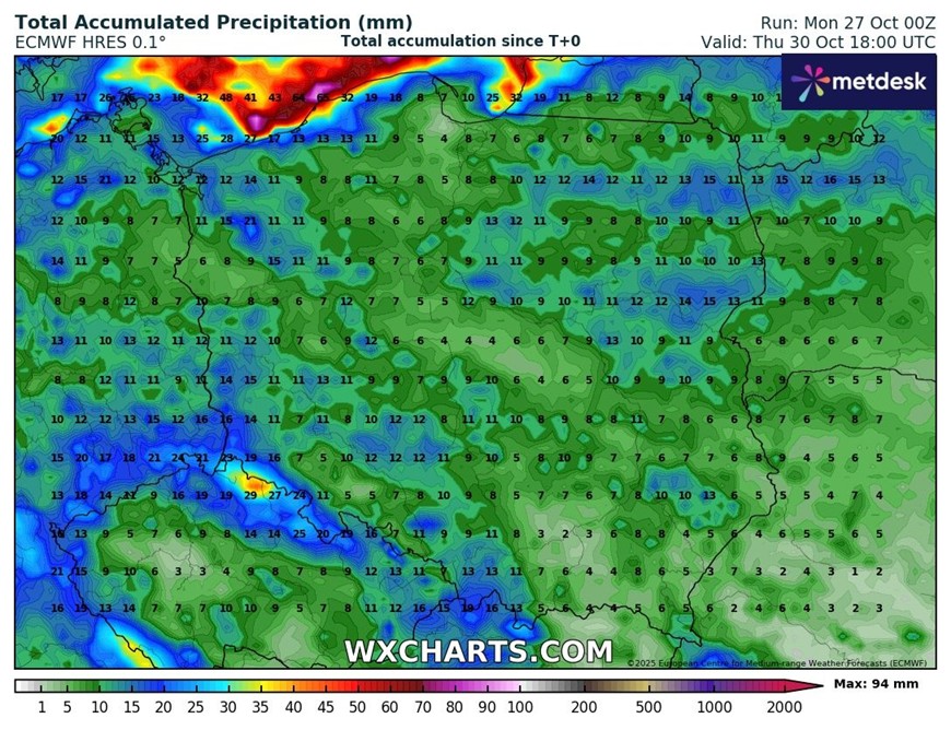 Nad resztą kraju deszcz będzie słaby, co najwyżej umiarkowany