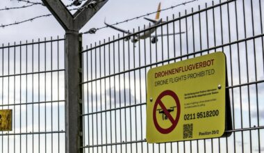 "Zakaz lotu dronów". Szyld na ogrodzeniu lotniska w Duesseldorfie