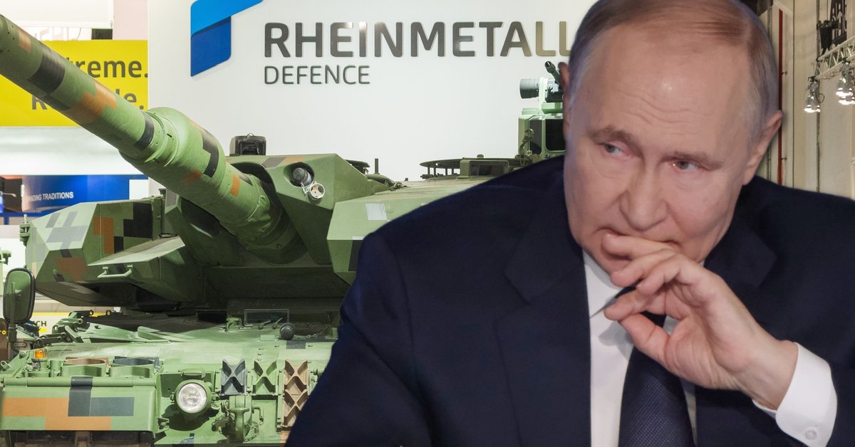 Władimir Putin, w tle stoisko koncernu Rheinmetall na targach zbrojeniowych
