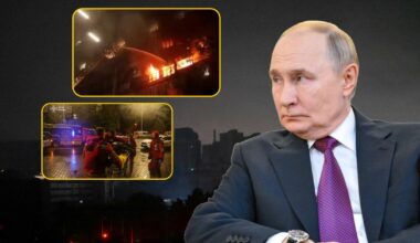 Zmasowany atak Rosji na Ukrainę. Po prawej Władimir Putin. W tle Kijów pogrążony w ciemności, 10 października 2025 r.