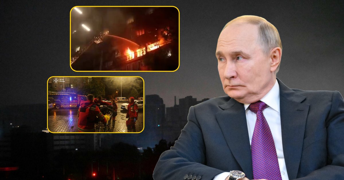 Zmasowany atak Rosji na Ukrainę. Po prawej Władimir Putin. W tle Kijów pogrążony w ciemności, 10 października 2025 r.