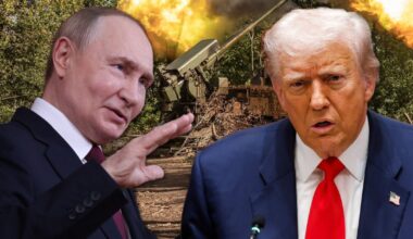 Władimir Putin i Donald Trump, w tle ukraiński ostrzał artyleryjski