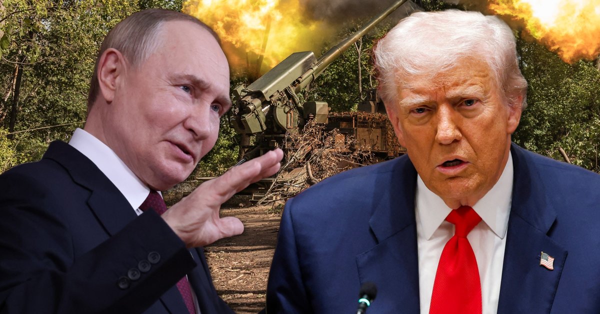Władimir Putin i Donald Trump, w tle ukraiński ostrzał artyleryjski