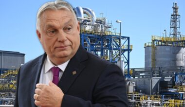 Premier Węgier Viktor Orban. W tle zakład petrochemiczny należący do węgierskiej spółki Mol