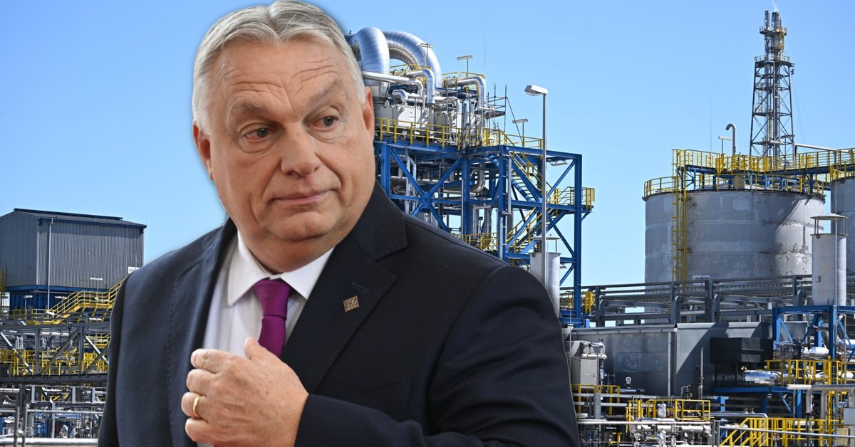 Premier Węgier Viktor Orban. W tle zakład petrochemiczny należący do węgierskiej spółki Mol