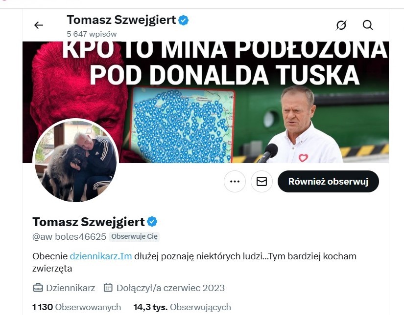 Profil Tomasza Szwejgierta w portalu X.com