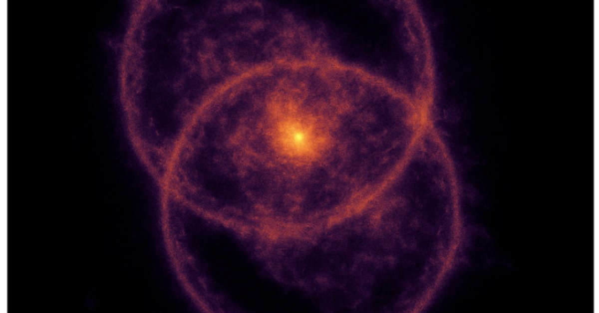 Wizualizacja dziwnego kręgu radiowego (ORC) RAD J131346.9+500320, ukazująca dwa przecinające się pierścienie dla fal radiowych metrowej długości. Ten niezwykły obiekt odkryto dzięki danym LOFAR w ramach inicjatywy nauki obywatelskiej RAD@home. Źródło: Pratik Dabhade, RAD@home