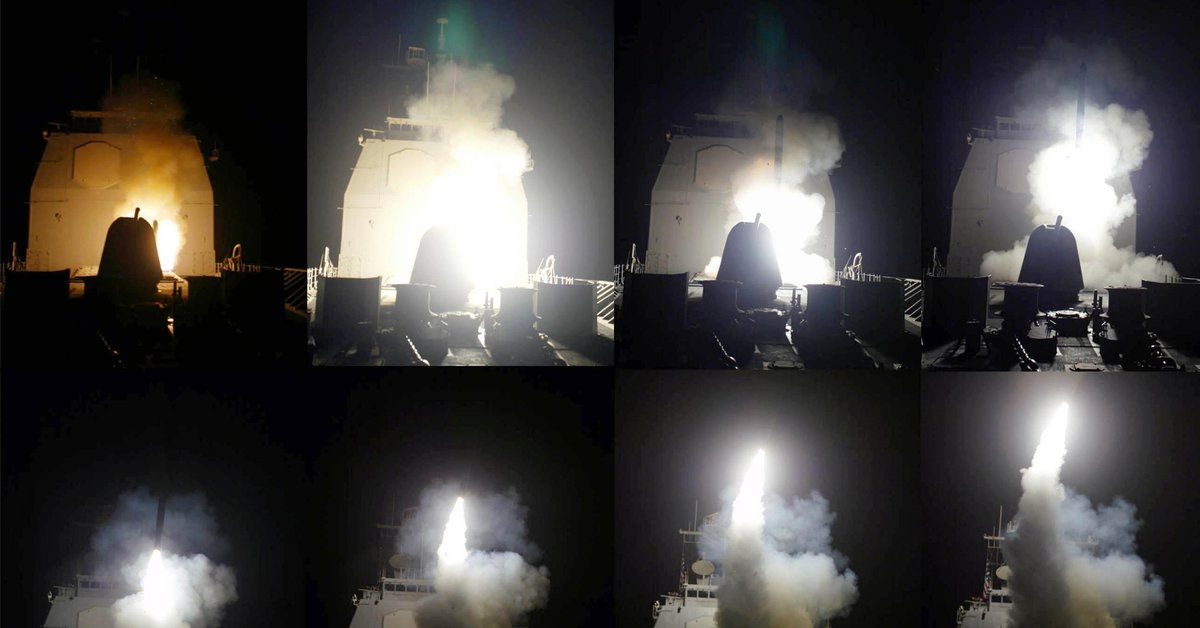 Kolejne etapy wystrzelenia pocisku manewrującego Tomahawk z krążownika USS Shiloh na wodach Zatoki Perskiej podczas wojny w Iraku, 21 marca 2003 r.