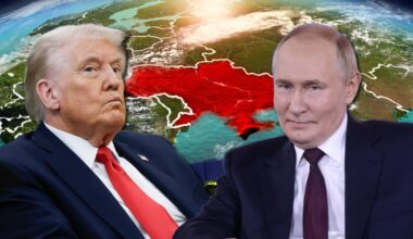 Donald Trump i Władimir Putin, w tle mapa przedstawiająca Ukrainę