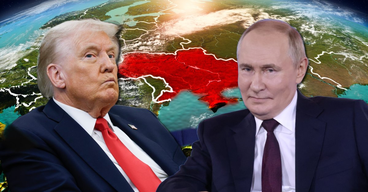 Donald Trump i Władimir Putin, w tle mapa przedstawiająca Ukrainę