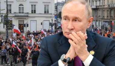 Władimir Putin. W tle uczestnicy marszu pod hasłem "Polska dla Polaków", Warszawa, Polska, 6 września 2025 r.
