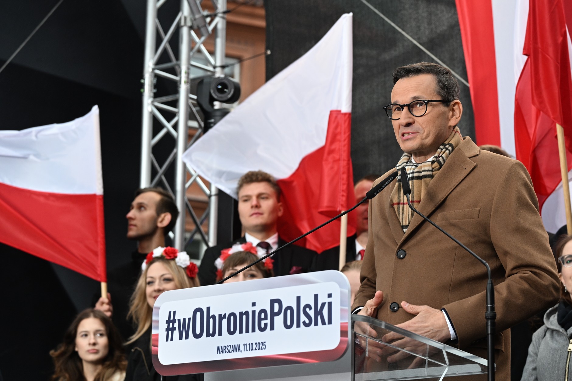 Mateusz Morawiecki podczas sobotniej manifestacji 