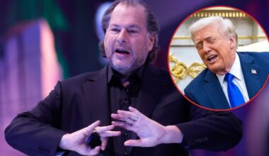 CEO firmy Salesforce podczas konferencji Dreamforce w San Francisco w Kalifornii, USA, 17 września 2024 r. W ramce prezydent USA Donald Trump
