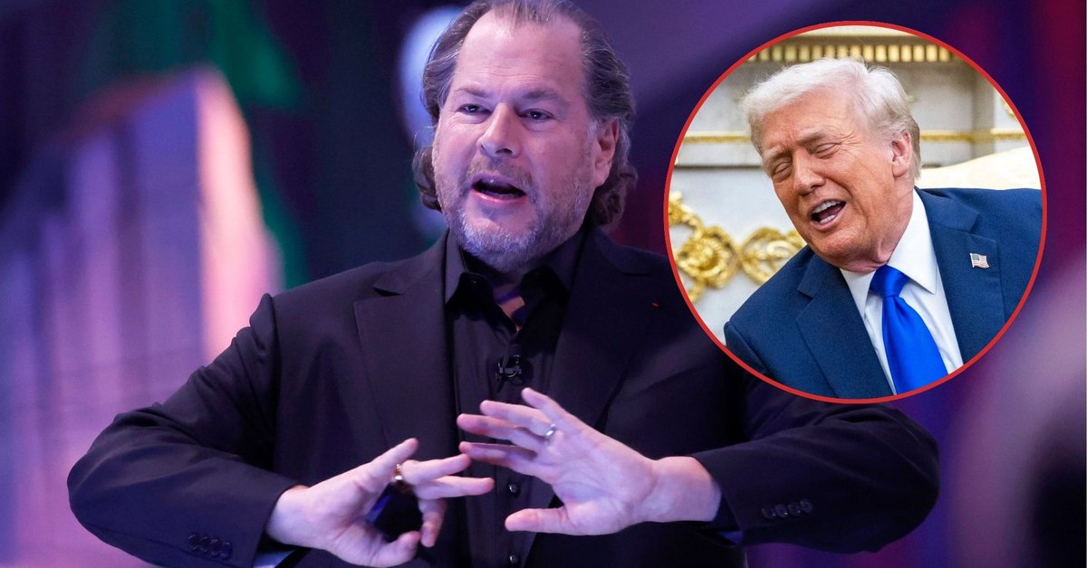 CEO firmy Salesforce podczas konferencji Dreamforce w San Francisco w Kalifornii, USA, 17 września 2024 r. W ramce prezydent USA Donald Trump