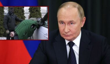 Władimir Putin w Soczi, 8 września 2025 r., po lewej stronie funkcjonariusz FSB zatrzymujący Rosjanina, zdjęcie poglądowe