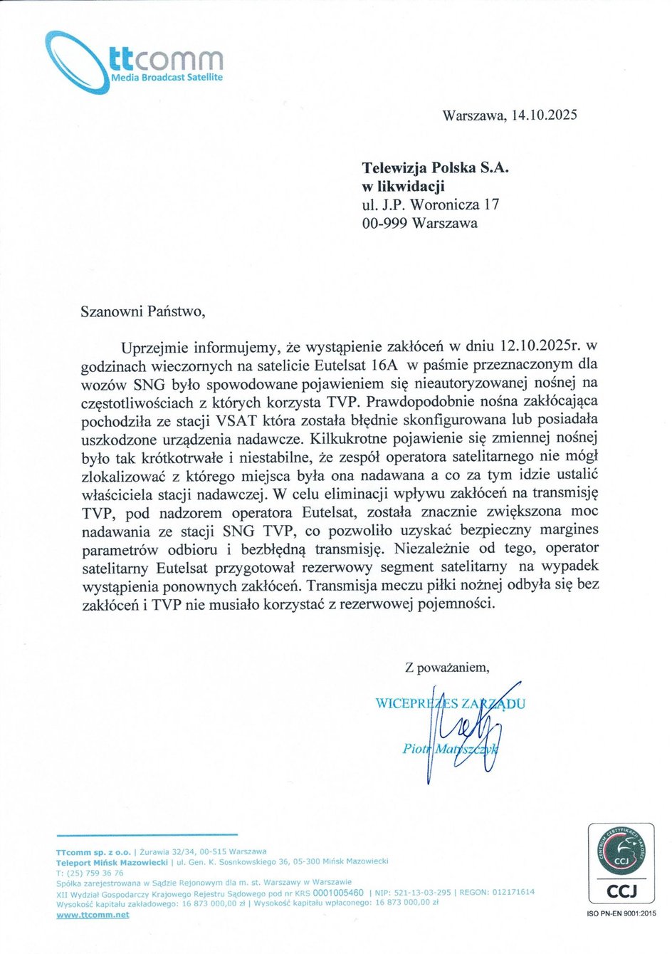 Pismo, jakie otrzymała TVP